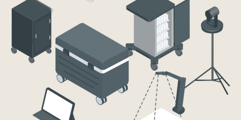 Projektvorschau: Isometrische Illustration von einem Tablet, Ladesystem und Kamera mit Auto-Tracking, verlinkt zur Illustrationsseite.