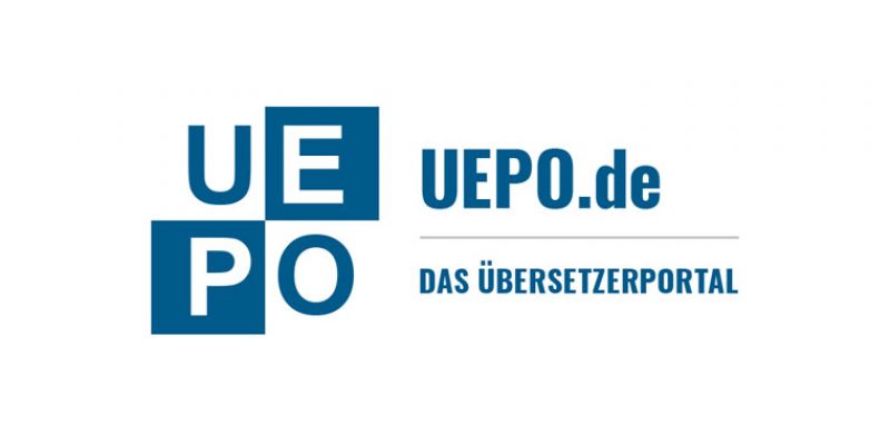 Projektvorschau: die Bildmarke von Uepo setzt sich aus vier Kästen zusammen. Zwei oben und zwei darunter. Sie sind abwechselnd in blau weiß gehalten und in ihnen befinden sich die Buchstaben U, E, P, O. Daneben steht Uepo.de das Übersetzerportal, verlinkt zur Detailseite.