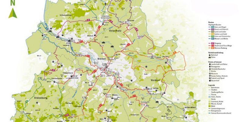 Projektvorschau: eine Karte um die Stadt Bremen mit Fahrradrouten, verlinkt zur Infografikseite.