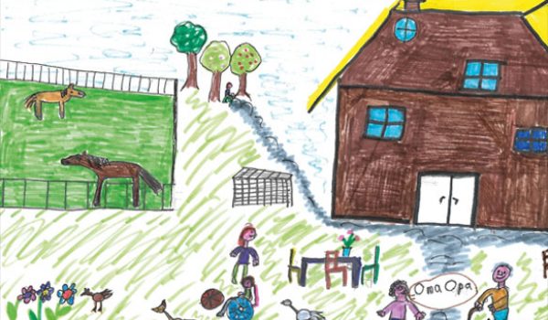 Illustration von Tedou, zu sehen ist ein Hof mit Tieren und Menschen