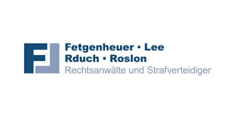 Die Bildmarke besteht aus einem F und einem dem F zugewandten L. Daneben steht in der ersten Zeile Fetgenheuer und Lee. In der zweiten Zeile steht Rduch und Roslon und darunter Rechtsanwälte und Strafverteidiger.